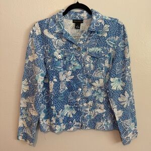 Women’s 100% Linen Blue Hawaiian Floral Boxy Button Up Jacket Size Medium